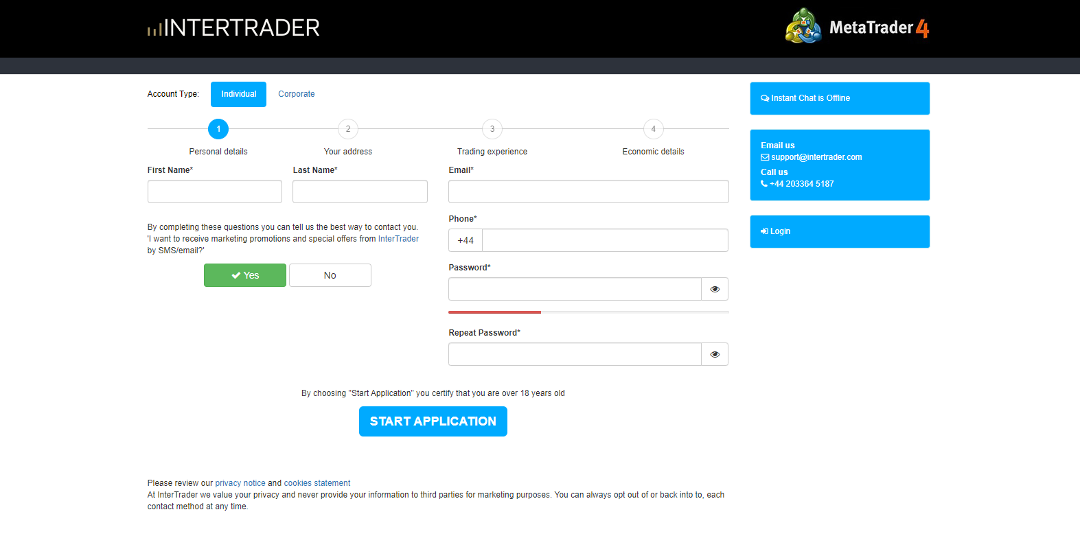 Intertrader registration form